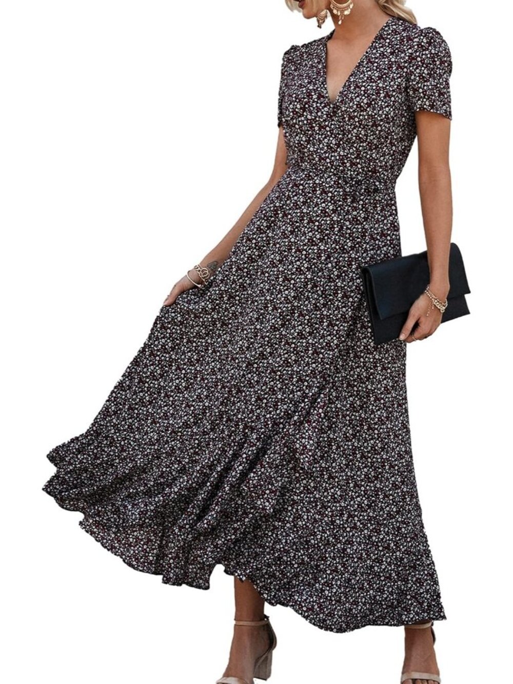 Women's Coffee V Neck Casual Short Sleeve Outfits Pull On Zipper Maxi Dresses